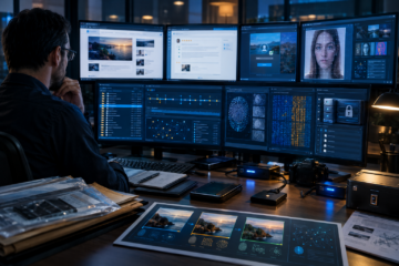 Analista davanti a monitor con sistemi di riconoscimento facciale, impronte digitali e dati di sicurezza