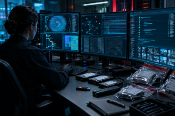 Analista informatica esamina dati su più monitor, con dischi rigidi e dispositivi di archiviazione sul tavolo