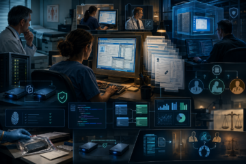 Collage sull’uso sicuro dei dati sanitari digitali, con cartelle cliniche, server, autenticazione e scambio protetto di informazioni