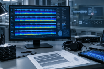Crea un’immagine editoriale fotorealistica e sobria che rappresenti una perizia forense su registrazioni telefoniche MP3: su una scrivania tecnica, cinque file audio anonimi visualizzati su un monitor come forme d’onda continue e spettrogrammi nella banda telefonica, affiancati da metadati indistinti, impronte digitali informatiche astratte e strumenti di analisi audio. La scena deve comunicare la distinzione tra assenza di tagli visibili e impossibilità di certificare l’integrità rispetto all’originale: il segnale appare regolare e senza interruzioni evidenti, mentre sullo sfondo una registrazione sorgente non accessibile e una catena di acquisizione incompleta suggeriscono i limiti della verifica. Atmosfera professionale, investigativa e prudente, illuminazione fredda da laboratorio, composizione pulita da articolo giornalistico, nessun volto riconoscibile, nessun testo leggibile, nessun logo o marchio, formato orizzontale.