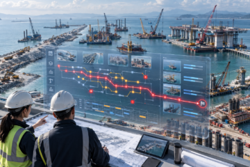 Due ingegneri supervisionano la costruzione di un porto con un’interfaccia digitale di monitoraggio del progetto