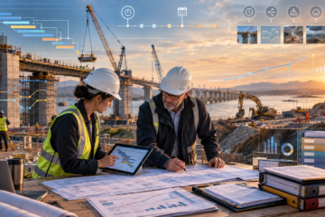 Due responsabili di cantiere esaminano progetti e dati su un tablet davanti a un ponte in costruzione