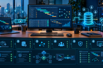 Infografica di un flusso di gestione IT sicura in sei fasi, con dashboard, database, rete, utenti e monitoraggio dei dati
