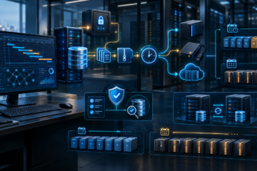 Infografica sul flusso di gestione, protezione, backup e replica dei dati tra server, dispositivi e cloud