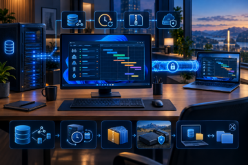 Infografica sul monitoraggio, la sincronizzazione e il backup sicuro dei dati tra server, cloud e dispositivi