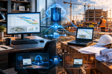 Infografica sulla gestione sicura dei progetti edilizi tramite dati condivisi tra computer, laptop e server cloud