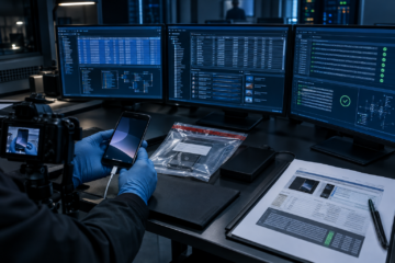 Operatore con guanti esamina uno smartphone in laboratorio, mentre una fotocamera e monitor mostrano dati digitali