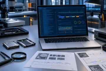 Postazione di laboratorio con laptop che mostra grafici diagnostici, microscopio, dischi rigidi e documenti tecnici