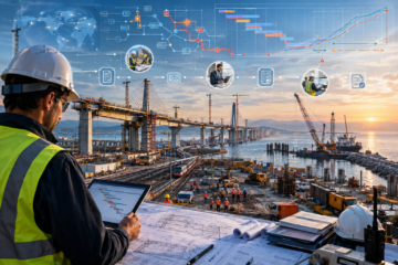Responsabile di cantiere con tablet davanti a un ponte in costruzione, con grafici e flussi di gestione del progetto in sovrimpressione