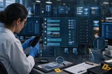 Scienziata forense analizza dati digitali e reperti di laboratorio tramite smartphone e interfacce olografiche