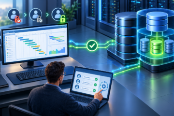 Tecnico che verifica gli accessi degli utenti e la sicurezza dei database in un ambiente informatico
