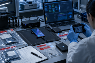 Tecnico con guanti blu esamina dispositivi elettronici collegati a un laptop in un laboratorio