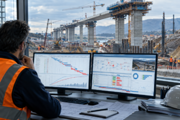 Tecnico di cantiere monitora su due schermi l’avanzamento della costruzione di un ponte