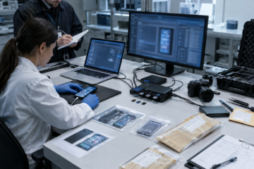 Una tecnica esamina uno smartphone in laboratorio, con altri dispositivi, fotocamera e apparecchiature di analisi sul tavolo