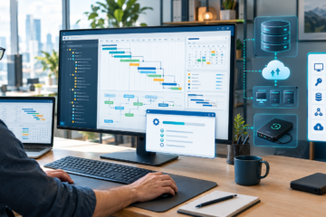 Uomo al computer gestisce un progetto con diagrammi di pianificazione e infrastruttura cloud